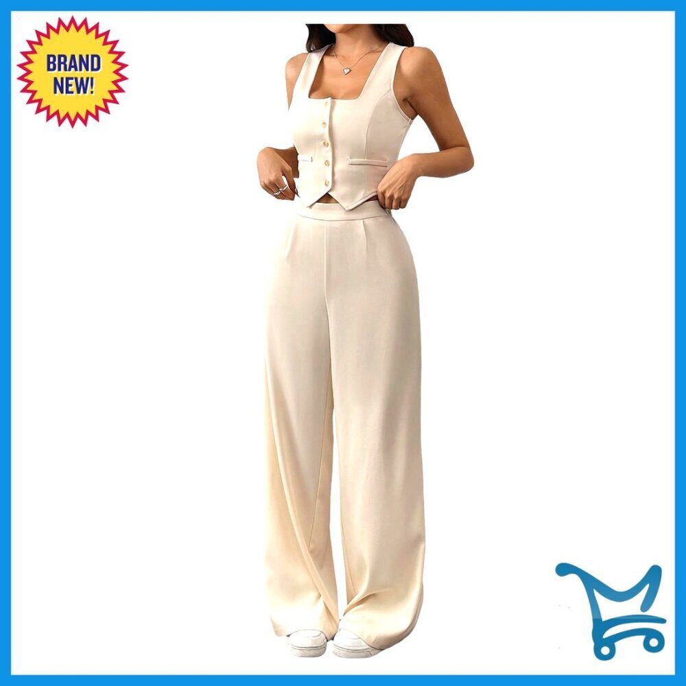 Women's 2-Piece Sleeveless Crop Blazer Vest Wide Leg Pants Set